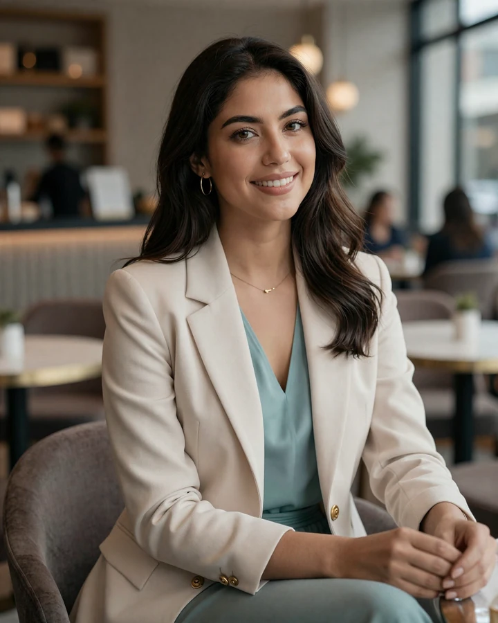Attractive Latina woman in an elegant Cherry Creek cafe featured as a sugar baby Denver match