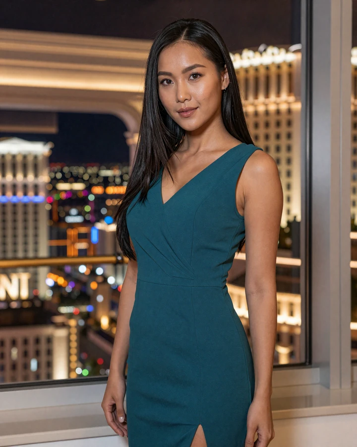 Stylish Asian American woman in a Las Vegas lounge presented as a premium local sugar dating match