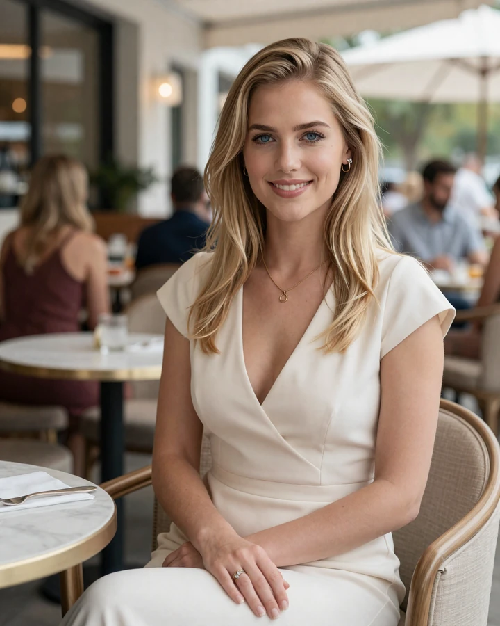 Attractive blonde woman in an upscale Highland Park cafe featured as a sugar daddy Dallas match
