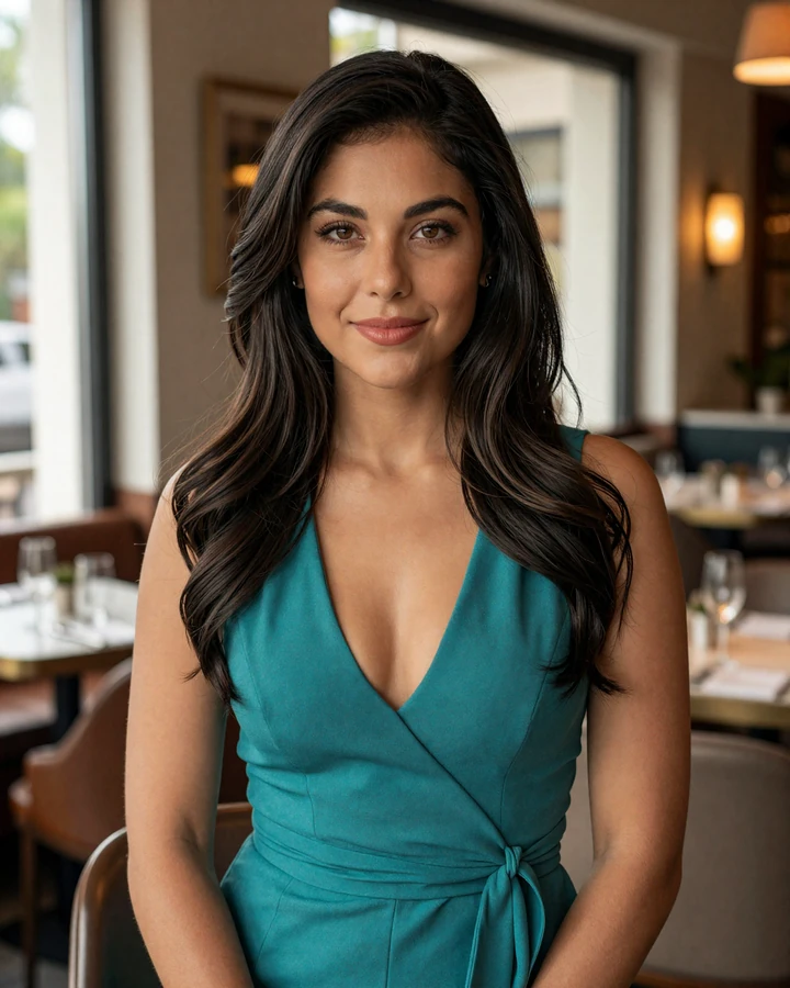 Stylish Latina woman in an elegant Park Cities restaurant featured as a local sugar daddy Dallas match