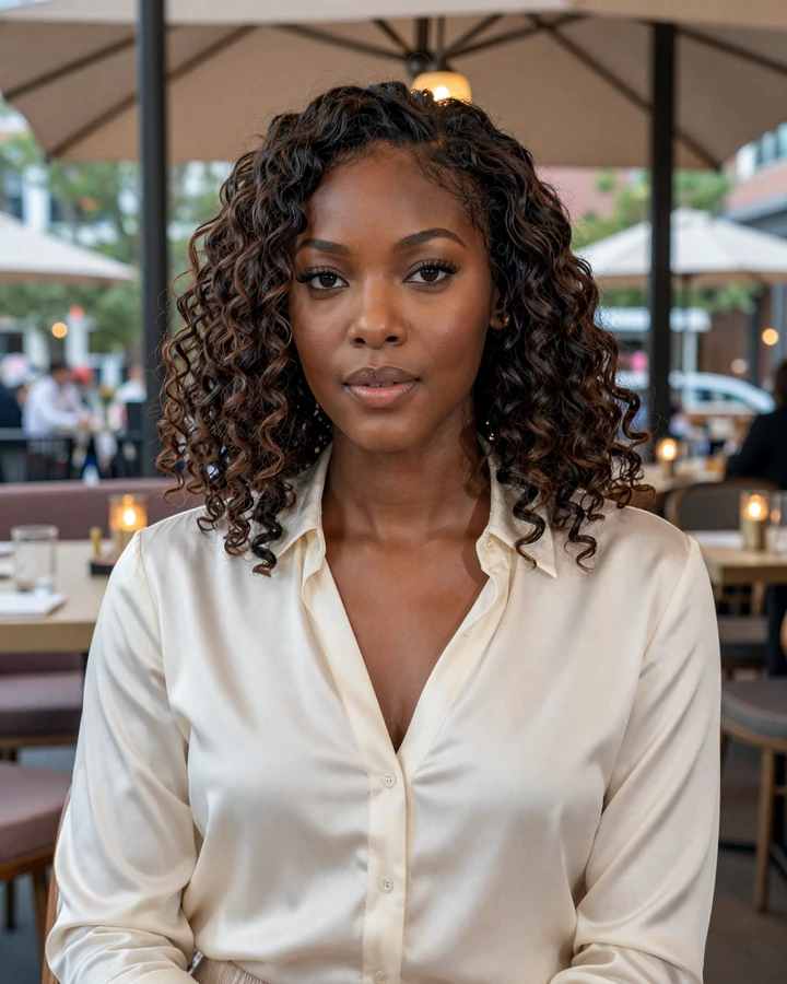 Stylish Black woman in an upscale Denver restaurant featured as a local sugar baby match
